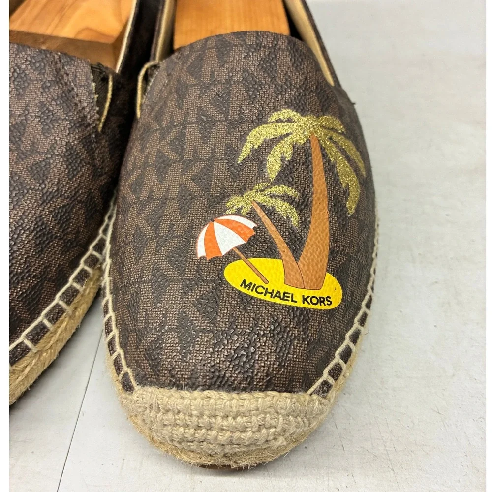 Michael Kors Espadrilles Women's 8.5M Brown Monogram Palm Tree Slip On Beach